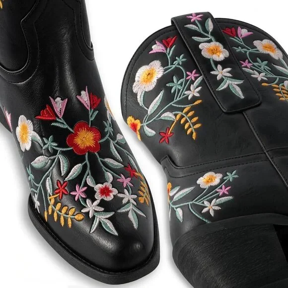 Women's Flower Embroidered Chunky Heel Ankle Snip Square Toe Western Boot Black - Picture 7 of 8
